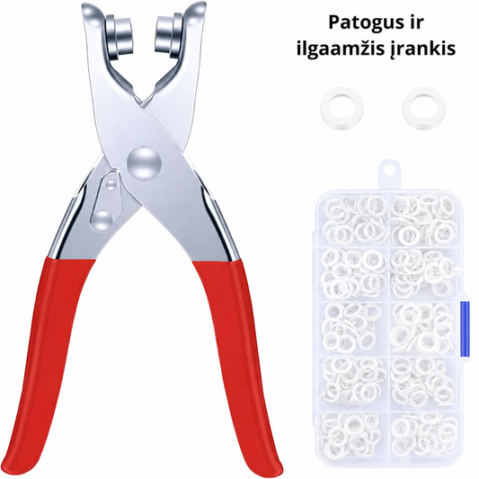 Sagų montavimo rinkinys (Rinkinį sudaro replės + spalvotos metalinės sagos 80 vnt.)