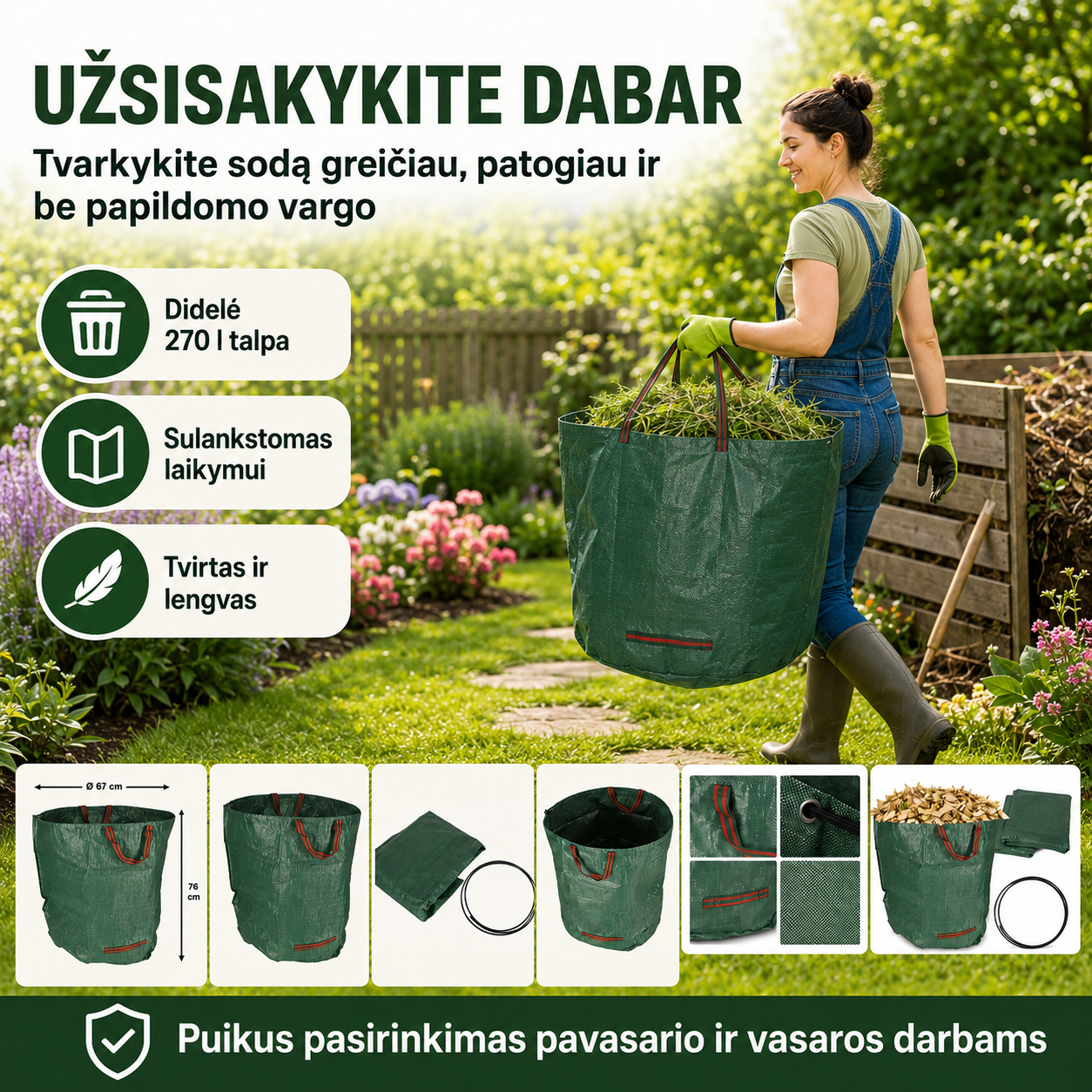 Sulankstomas sodo atliekų maišas 270 l – patogiam lapų, žolės ir šakelių surinkimui