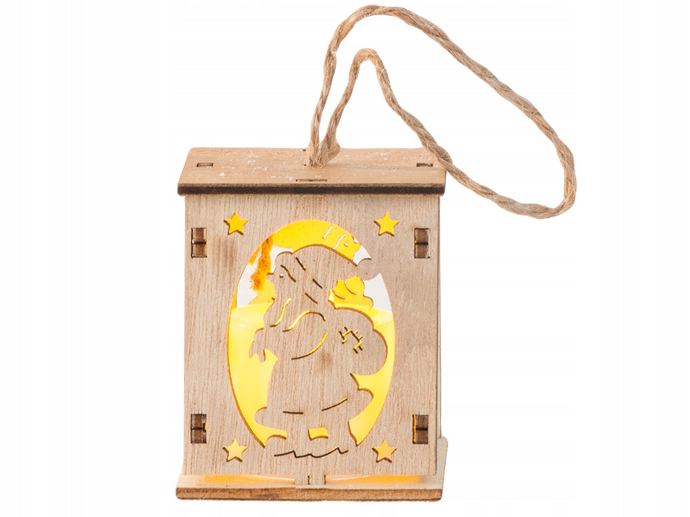 Medinė kabinama Kalėdinė LED žibinto dekoracija su Kalėdų seniu – jauki šviesa ir šventinė atmosfera namuose