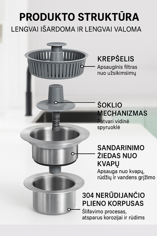 Universalus kriauklės sietelis ir kamštis – apsauga nuo kvapų ir maisto likučių