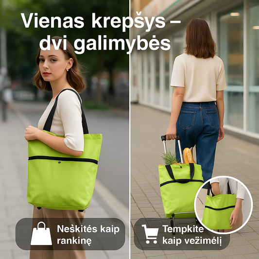 Labai lengvas ir patogus sulankstomas pirkinių krepšys su ratukais (žalia spalva) – nuotrauka 2