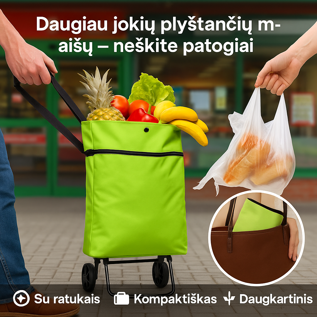 Labai lengvas ir patogus sulankstomas pirkinių krepšys su ratukais (žalia spalva)