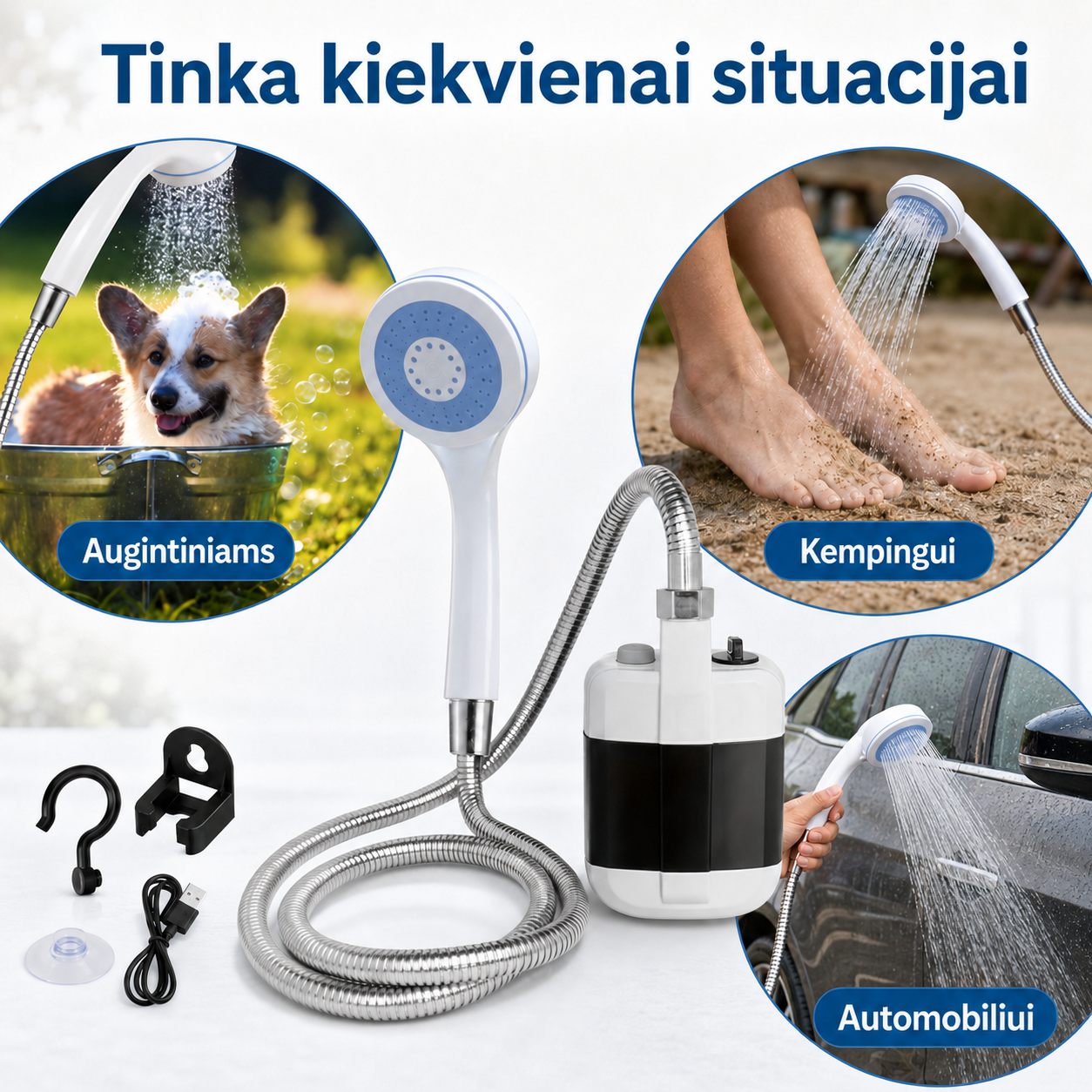 Nešiojamas dušo komplektas su įkraunama pompa (USB, metalinė žarna) – nuotrauka 6