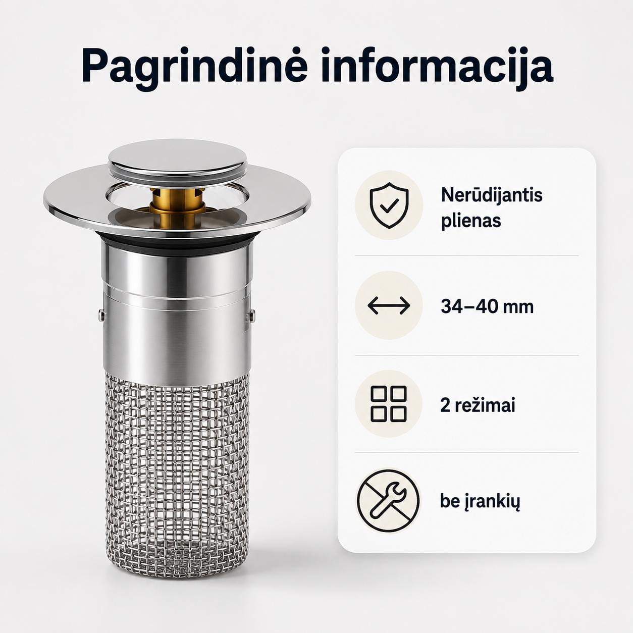 Kriauklės nuotekų filtras nuo užsikimšimo (tinka visoms kriauklių, su iššokančiu kamščiu) – nuotrauka 7