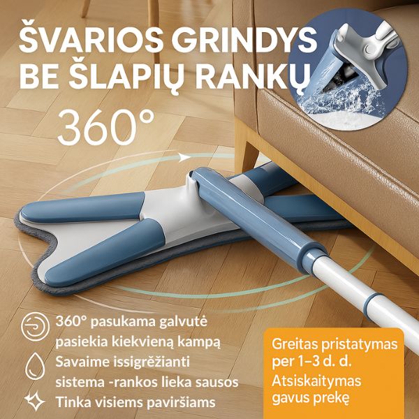 Savaime išsigręžianti 360° grindų šluota – švarios grindys be vargo ir šlapių rankų