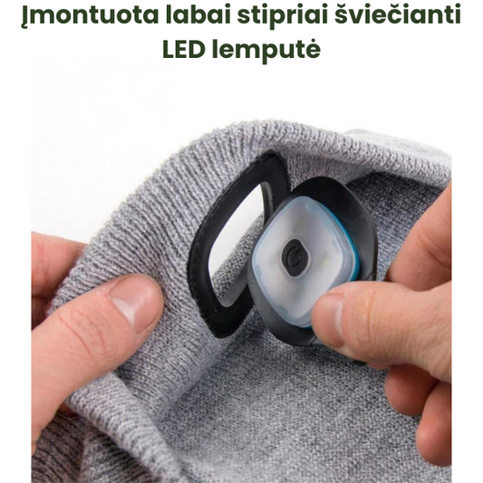 Megzta žieminė kepurė su itin stipriai šviečiančia ir įkraunama LED lempute