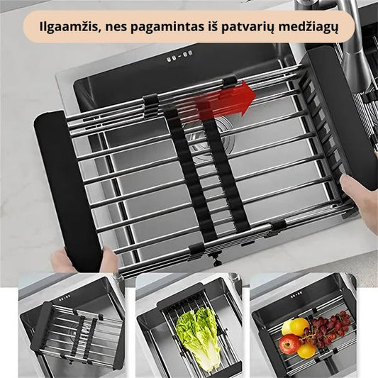 Reguliuojamas virtuvės kriauklės laikiklis ir nusausinimo stovas