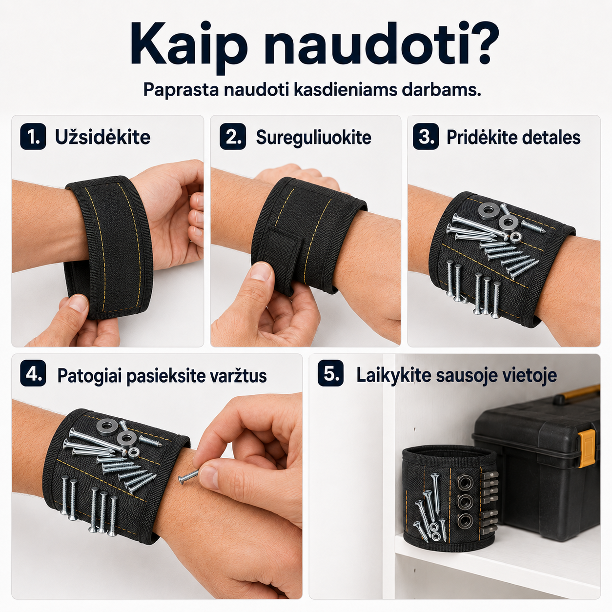 Magnetinė apyrankė varžtams laikyti (reguliuojamas dydis)
