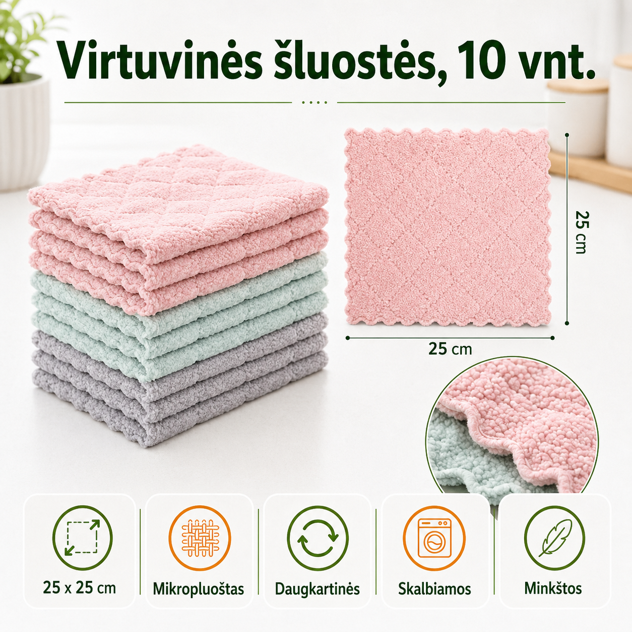 Daugkartinės virtuvinės šluostės, 10 vnt. – greitas valymas be pūkelių ir dryžių