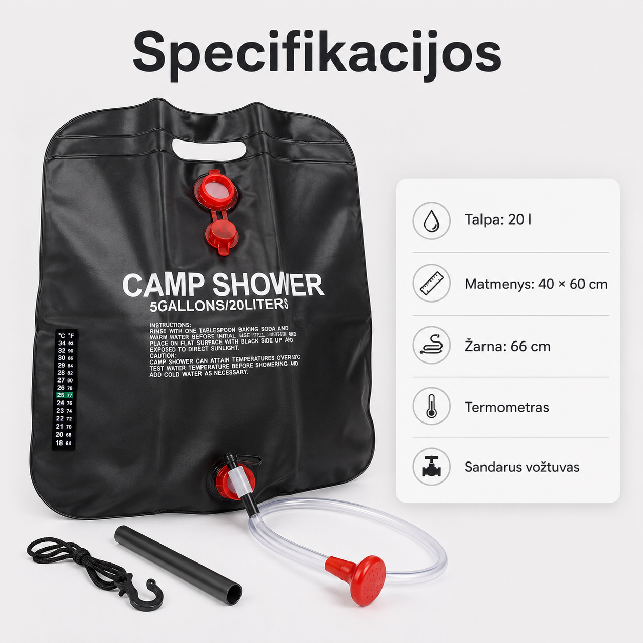 Saulės energija šildomas kempingo dušas (20 l, vandenį sušildo iki 50 °C)