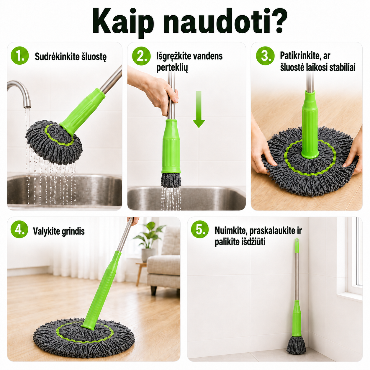 Savaime išsigręžianti apvali 360° šluota (su mikropluošto šluoste)