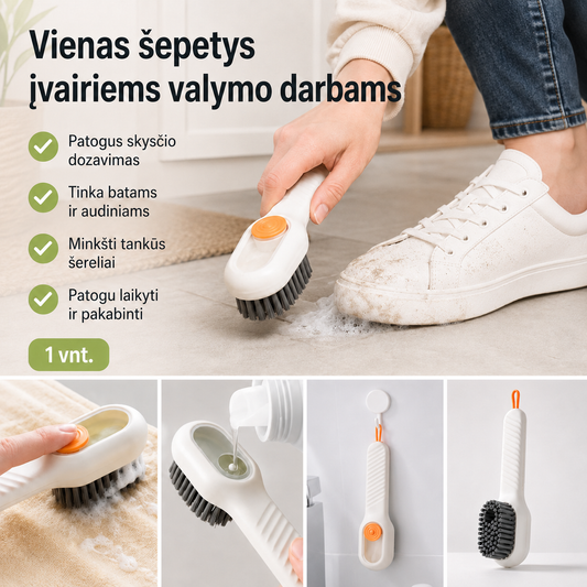 Valymo šepetys su skysčio talpa (minkšti šereliai ir patogi rankena)