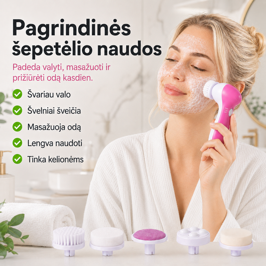 Elektrinis veido valymo šepetėlis 5 viename (su 5 antgaliais)