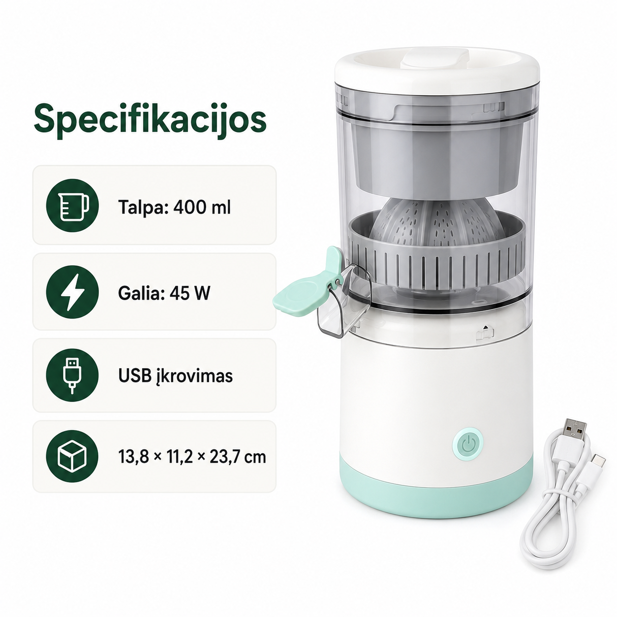 Elektrinė vaisių sulčiaspaudė (400 ml, USB įkraunama)
