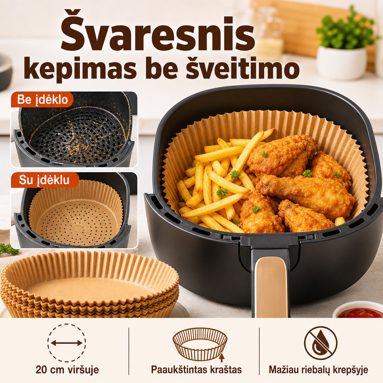Popieriniai įdėklai oro gruzdintuvei – švaresnis kepimas be šveitimo (50 vnt.)