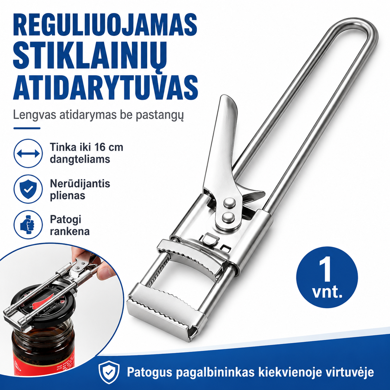 Reguliuojamas stiklainių ir butelių atidarytuvas – lengvas atidarymas be pastangų