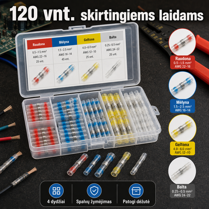 Laidų sujungėjų rinkinys su lydmetaliu 120 vnt. - greitas laidų sujungimas be litavimo