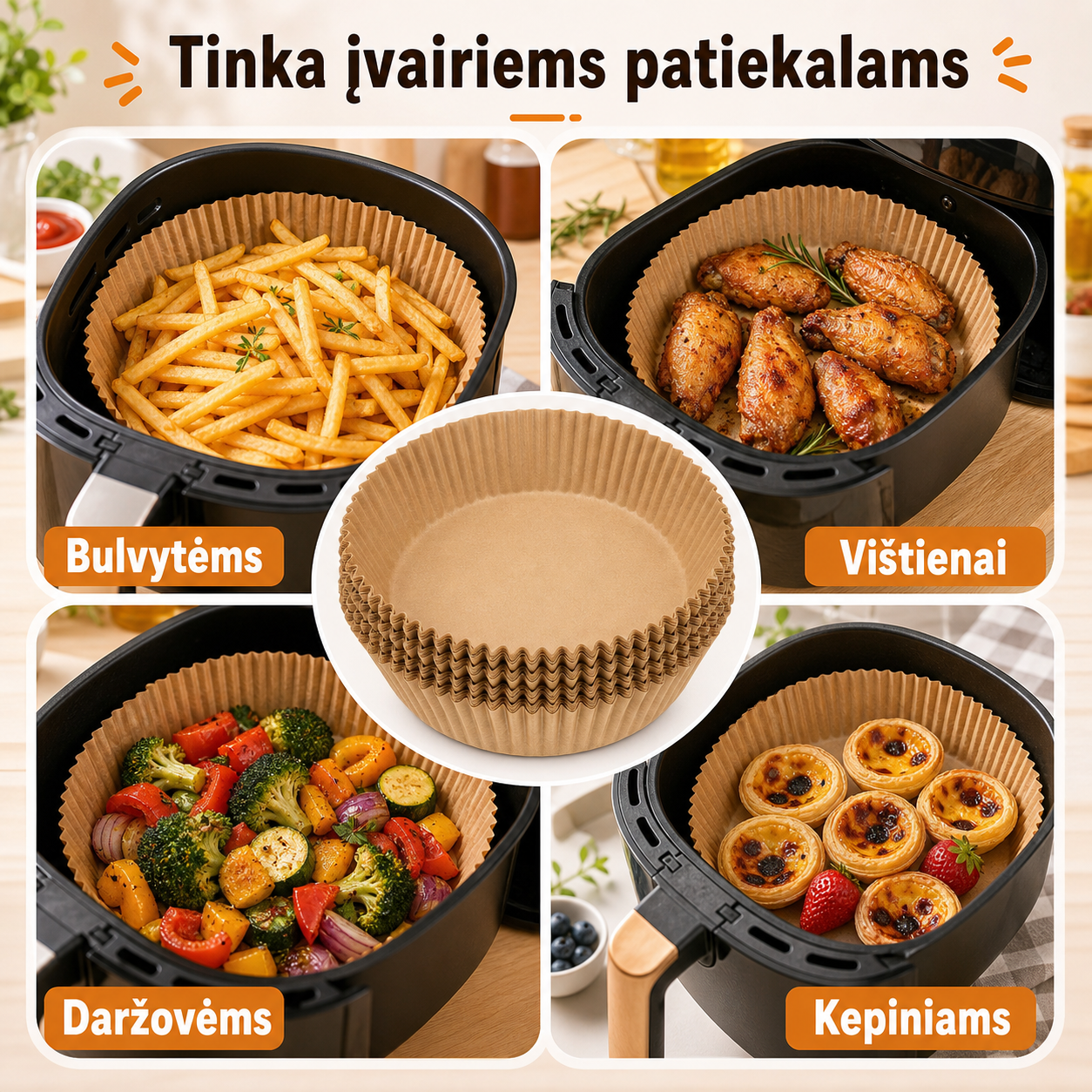 Popieriniai įdėklai oro gruzdintuvei – švaresnis kepimas be šveitimo (50 vnt.)