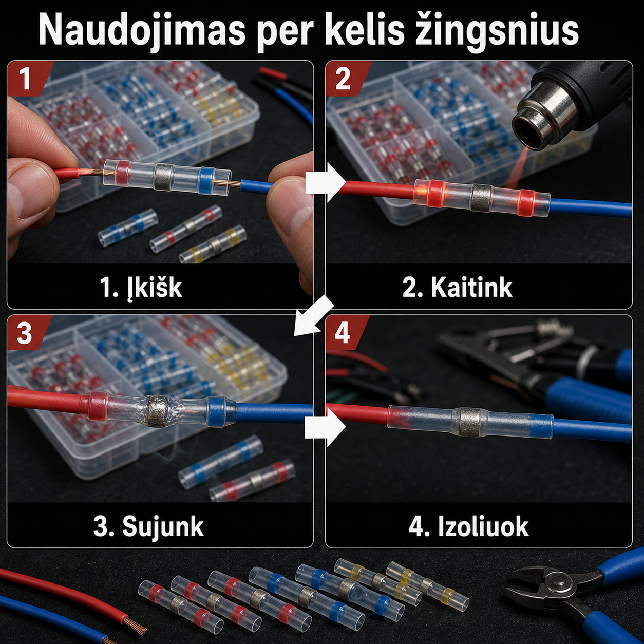 Laidų sujungėjų rinkinys su lydmetaliu 120 vnt. - greitas laidų sujungimas be litavimo