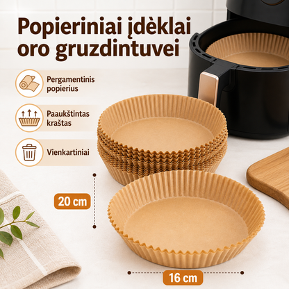 Popieriniai įdėklai oro gruzdintuvei – švaresnis kepimas be šveitimo (50 vnt.)
