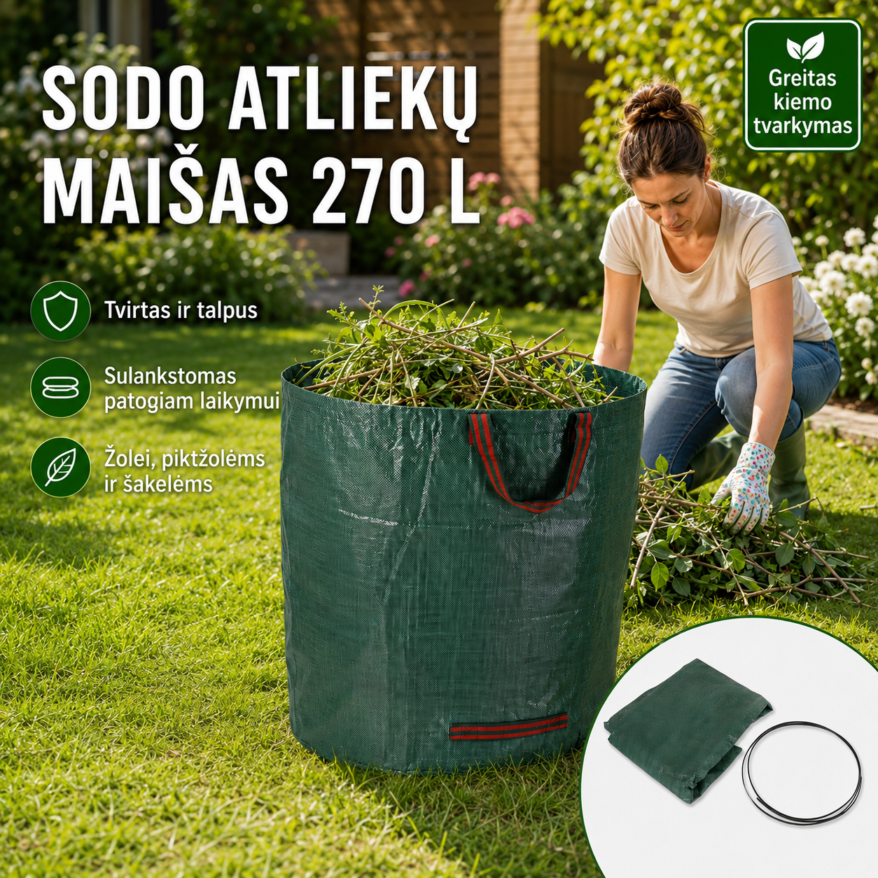 Sulankstomas sodo atliekų maišas 270 l – patogiam lapų, žolės ir šakelių surinkimui