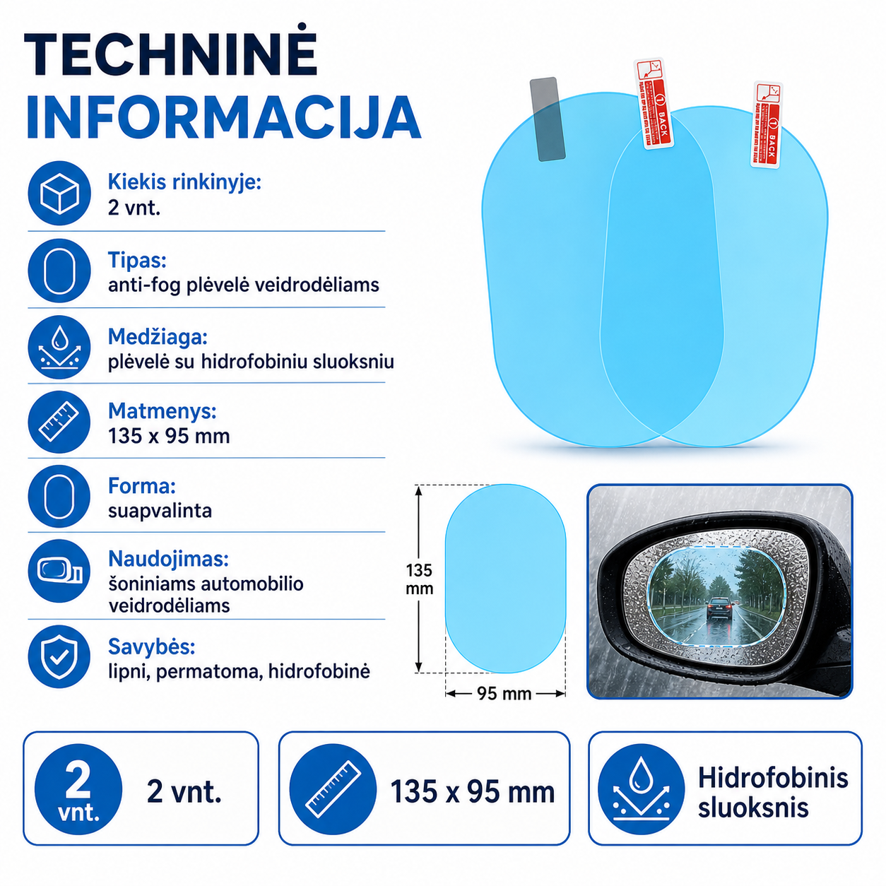 Automobilio veidrodėlių plėvelės nuo rasojimo 2 vnt. – aiškesnis vaizdas lyjant