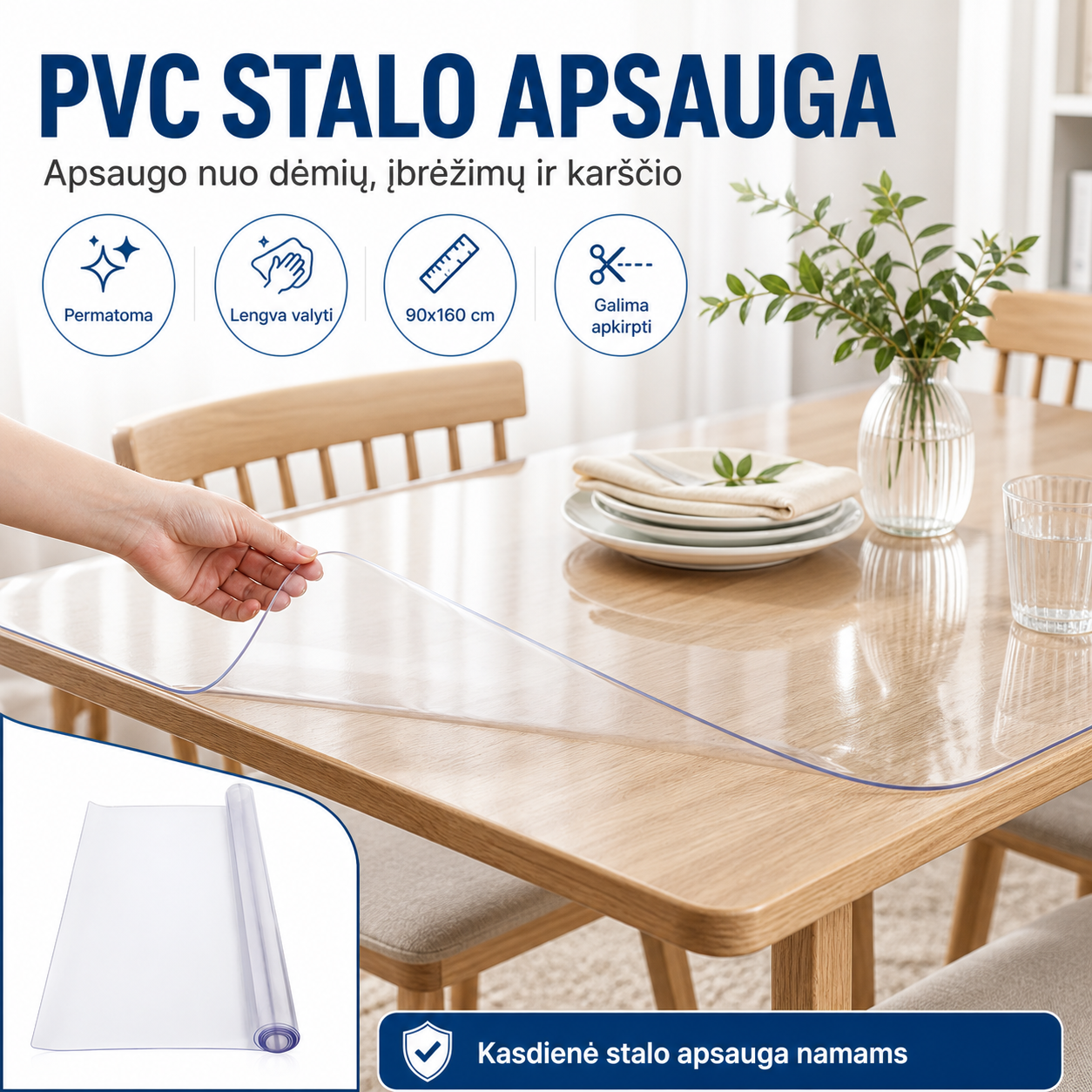 Permatomas PVC stalo uždangalas 90x160 cm – apsauga nuo dėmių ir įbrėžimų
