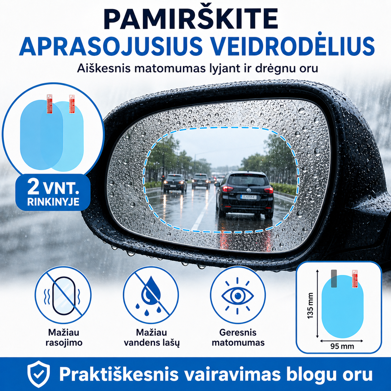 Automobilio veidrodėlių plėvelės nuo rasojimo 2 vnt. – aiškesnis vaizdas lyjant