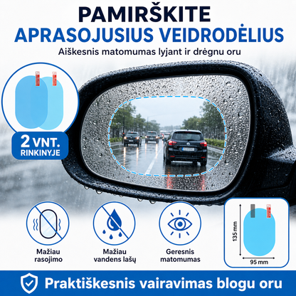 Automobilio veidrodėlių plėvelės nuo rasojimo 2 vnt. – aiškesnis vaizdas lyjant