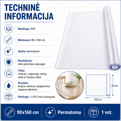Permatomas PVC stalo uždangalas 90x160 cm – apsauga nuo dėmių ir įbrėžimų
