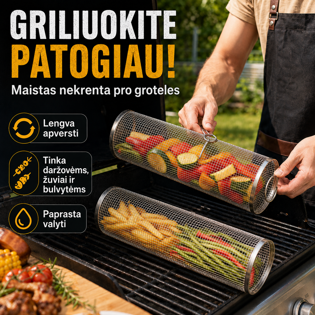 Nerūdijančio plieno grilio krepšelis – patogiam kepimui be maisto kritimo per groteles