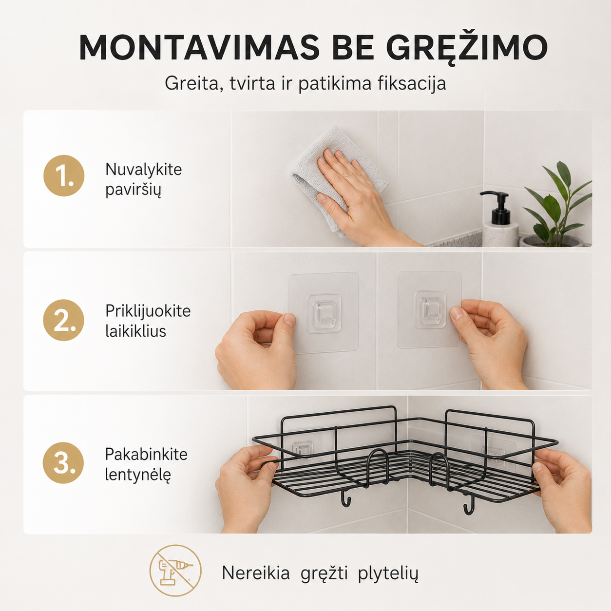 Kampinė dušo lentynėlė be gręžimo – tvarkai vonioje be skylių sienoje