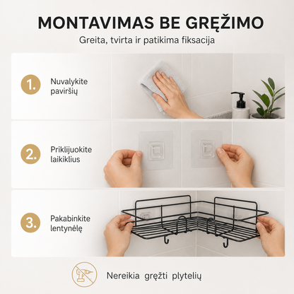 Kampinė dušo lentynėlė be gręžimo – tvarkai vonioje be skylių sienoje