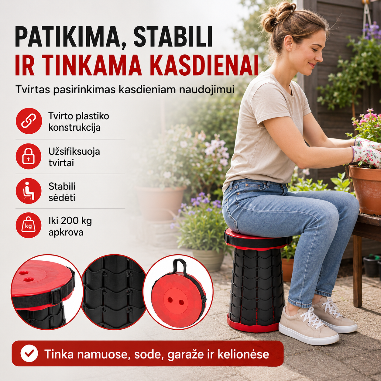 Sulankstoma reguliuojamo aukščio kėdutė – patogi sėdėjimo vieta bet kur