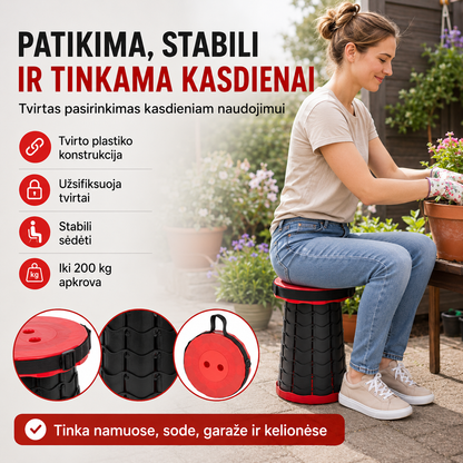 Sulankstoma reguliuojamo aukščio kėdutė – patogi sėdėjimo vieta bet kur