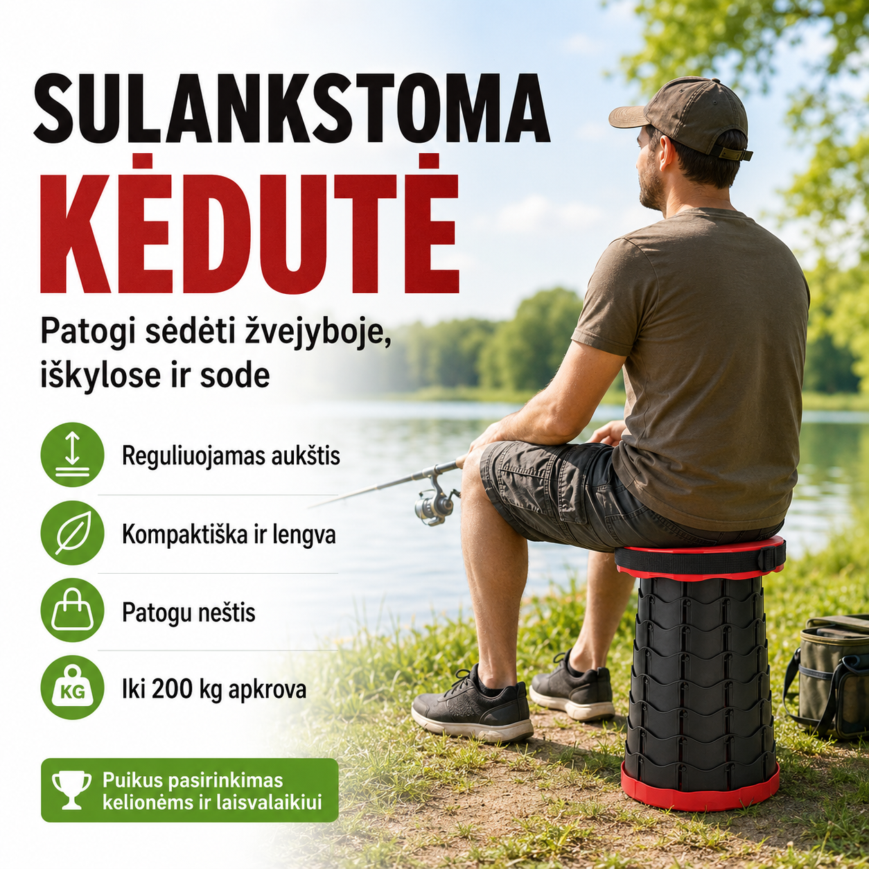 Sulankstoma reguliuojamo aukščio kėdutė – patogi sėdėjimo vieta bet kur