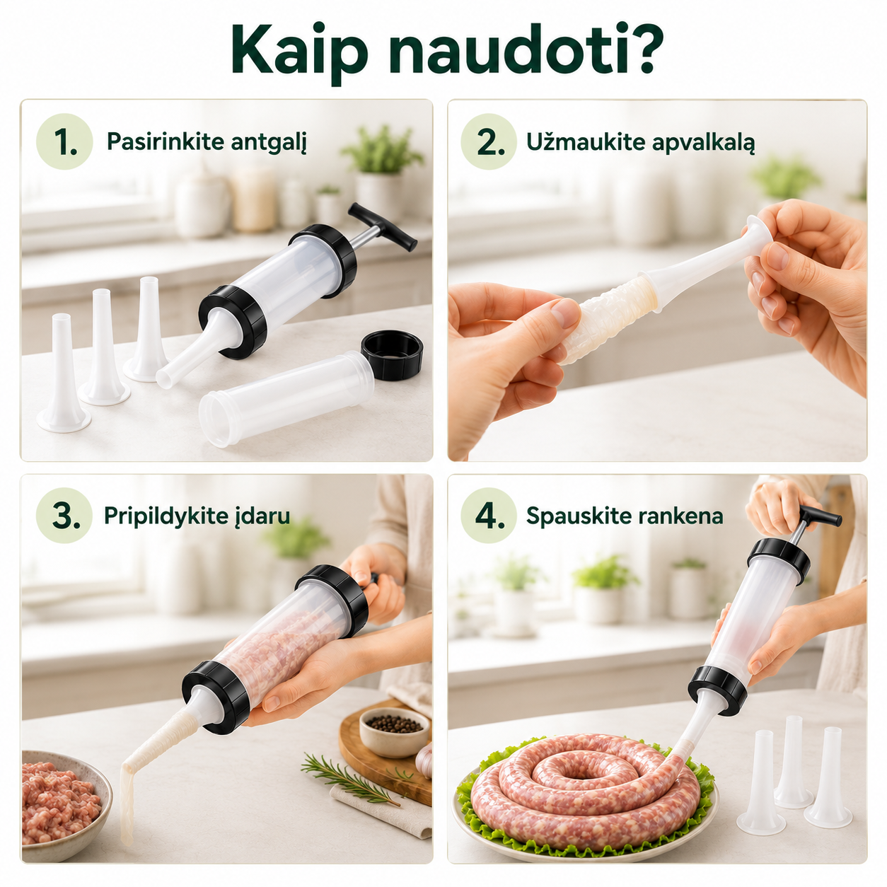 Rankinis dešrų gaminimo šviršktas su 3 antgaliais – naminės dešrelės be vargo