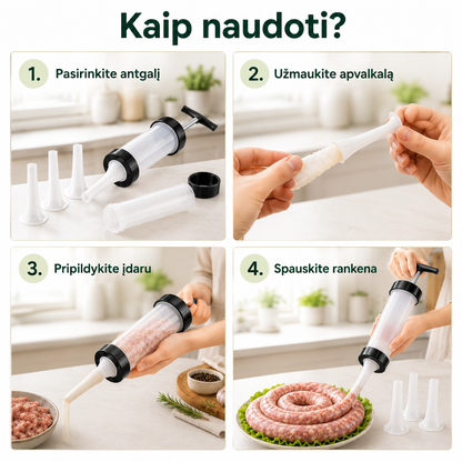 Rankinis dešrų gaminimo šviršktas su 3 antgaliais – naminės dešrelės be vargo
