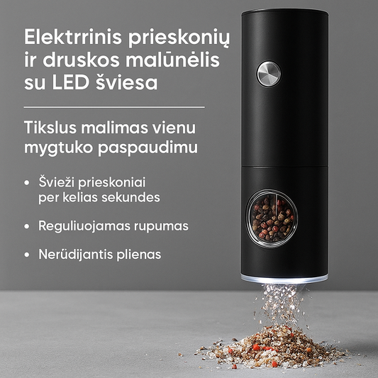 Elektrinis prieskonių ir druskos malūnėlis su LED šviesa – tikslus malimas vienu mygtuko paspaudimu
