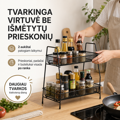 Dviejų aukštų virtuvės lentynėlė – daugiau tvarkos prieskoniams ir kasdieniams reikmenims