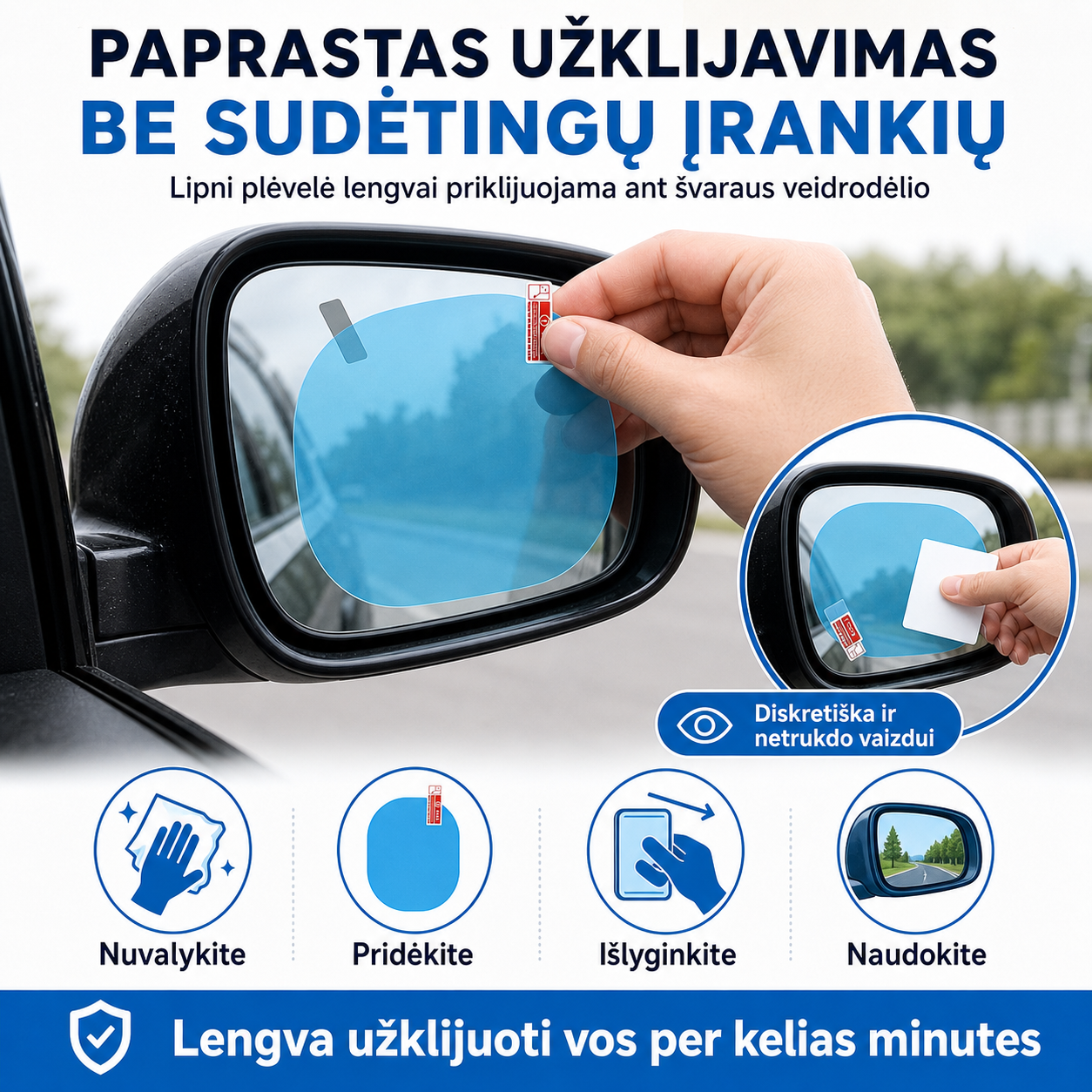 Automobilio veidrodėlių plėvelės nuo rasojimo 2 vnt. – aiškesnis vaizdas lyjant