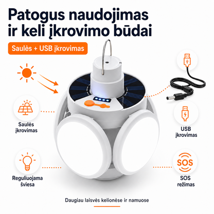 Sulankstomas saulės įkraunamas žibintas 2 viename – šviesa namams, kelionėms ir stovyklavimui