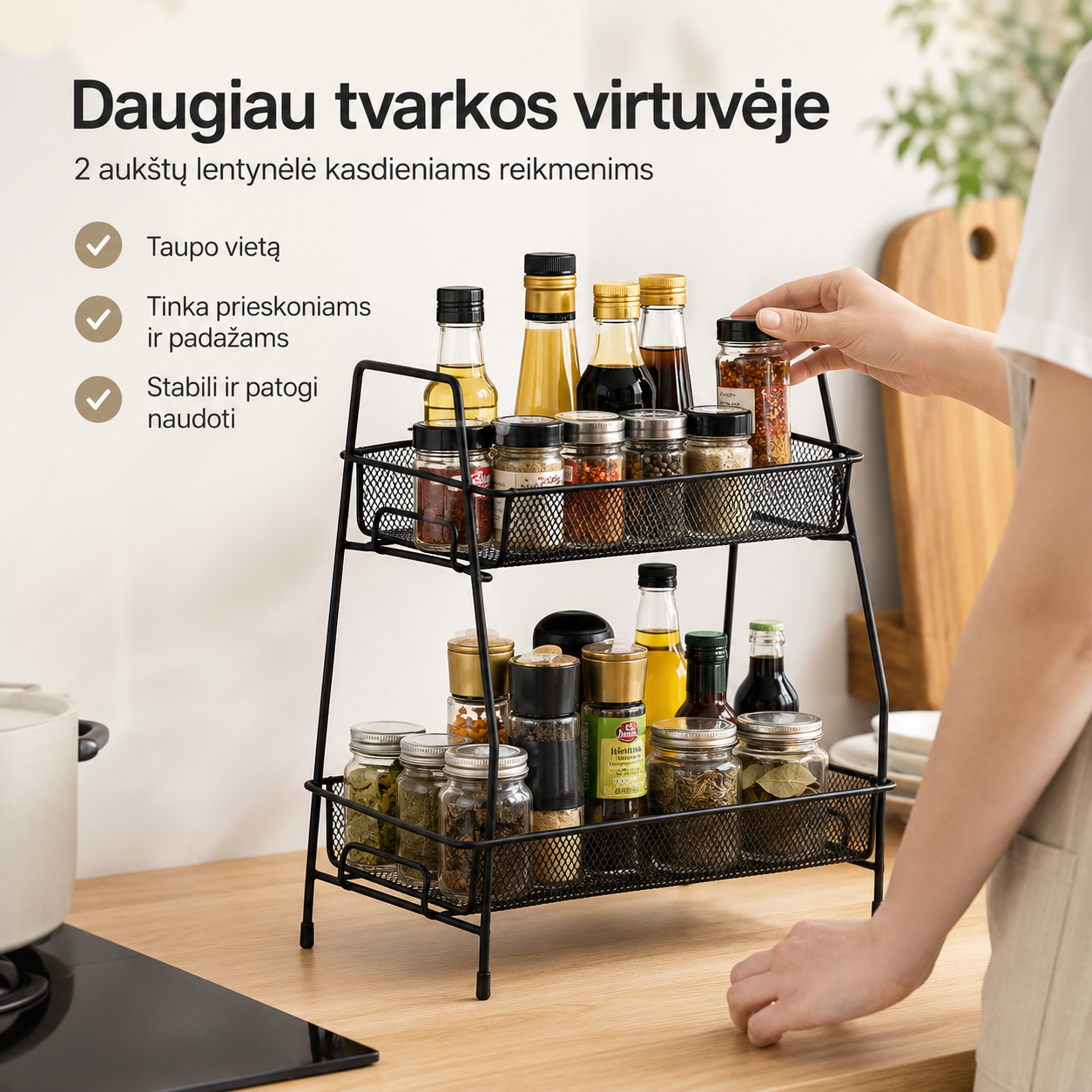 Dviejų aukštų virtuvės lentynėlė – daugiau tvarkos prieskoniams ir kasdieniams reikmenims