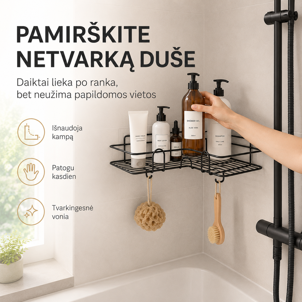 Kampinė dušo lentynėlė be gręžimo – tvarkai vonioje be skylių sienoje