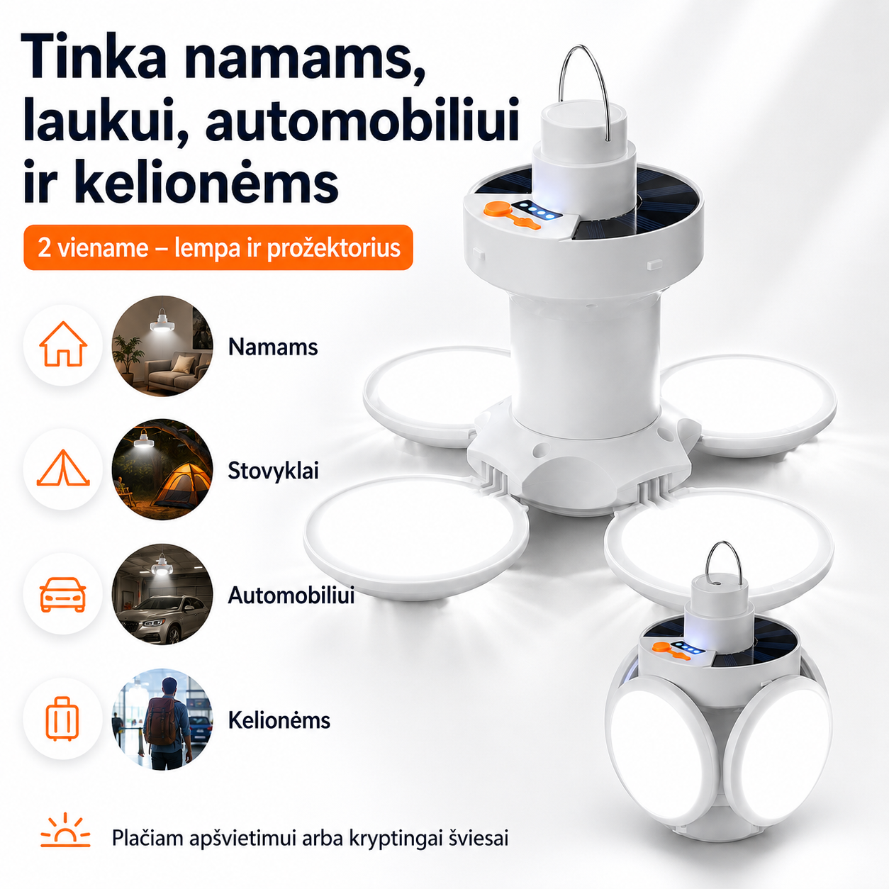 Sulankstomas saulės įkraunamas žibintas 2 viename – šviesa namams, kelionėms ir stovyklavimui