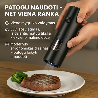 Elektrinis prieskonių ir druskos malūnėlis su LED šviesa – tikslus malimas vienu mygtuko paspaudimu