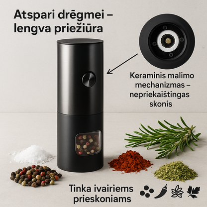 Elektrinis prieskonių ir druskos malūnėlis su LED šviesa – tikslus malimas vienu mygtuko paspaudimu