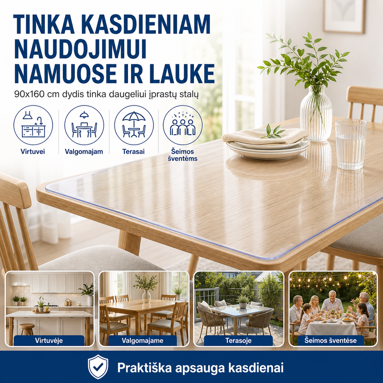 Permatomas PVC stalo uždangalas 90x160 cm – apsauga nuo dėmių ir įbrėžimų