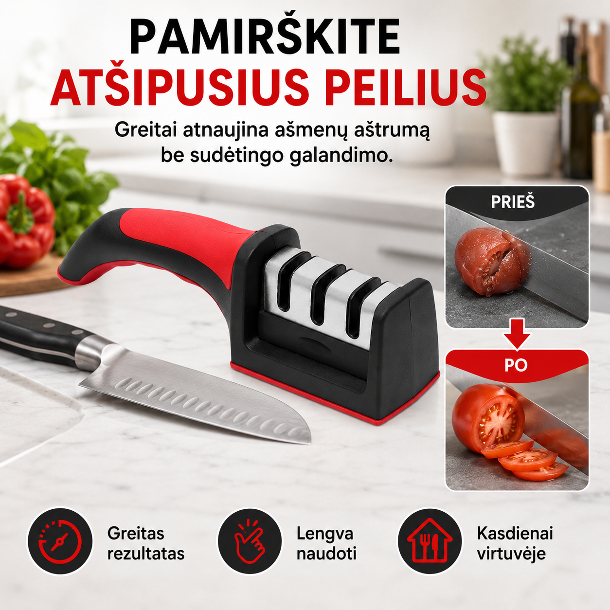 Peilių ir žirklių galąstuvas 3 viename – greitas ašmenų atnaujinimas