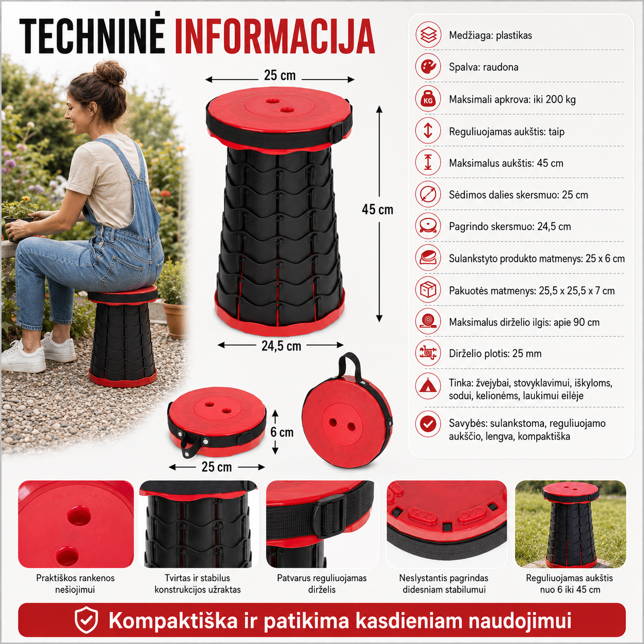 Sulankstoma reguliuojamo aukščio kėdutė – patogi sėdėjimo vieta bet kur